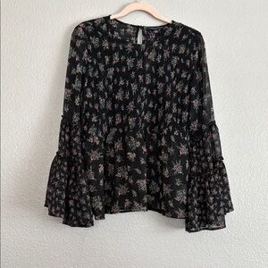 American Eagle Black Sheer Floral Boho Ruffle Blouse Women's Top Size Medium